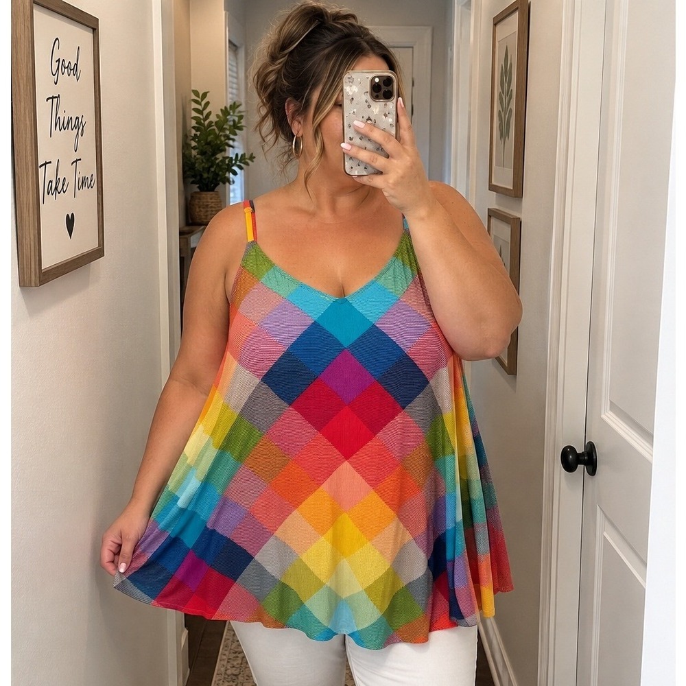 Torrid Swing Cami Top 4X Rainbow Plaid Flowy Plus Size NWT